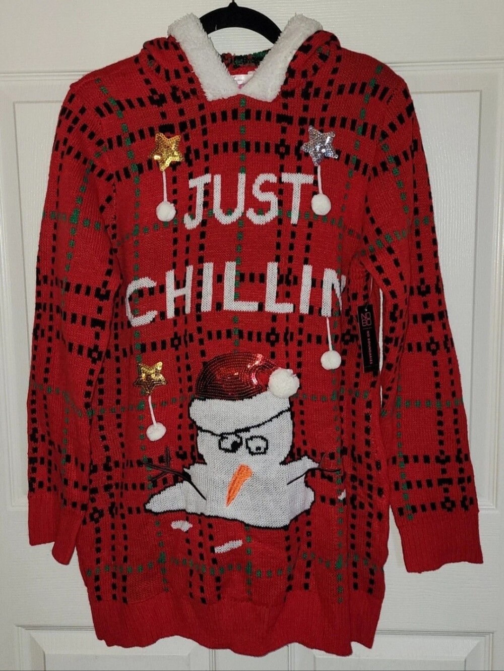 Snowman Hoodie Tunic Ugly Sweater JUST CHILLIN Red White Snowballs 2XL NWT